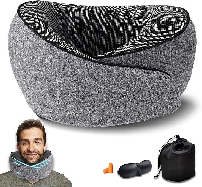 Travel Pillow 100% Pure Memory Foam,New Ergonomic Design 360°Adjustable Soft Neck Pillow,Travel Neck Pillow for Car and Airplane Travel,Neck Pillow for Traveling with Eye Masks and Earplugs(Grey)