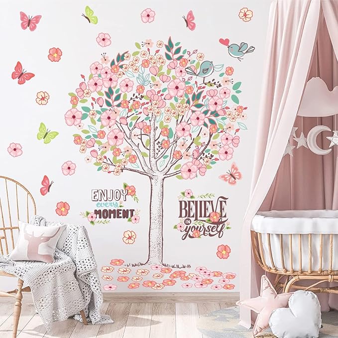 Large Pink Flowers Tree Wall Decals Spring Tree Wall Stickers Baby Girls Room Decor Believe Inspirational Quotes Wall Decals Peel and Stick Cherry Blossom Decals for Bedroom Nursery Living Room Decor