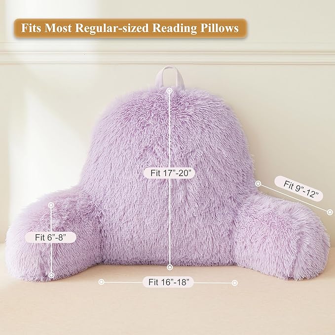 XeGe Fluffy Back Support Pillow Cover for Bed (No Filler), Light Purple Faux Fur Backrest Pillow Case, Lilac Furry Reading Pillow Cover with Arms for Adults Kids, Fuzzy Sit Up Study Pillow, Lavender