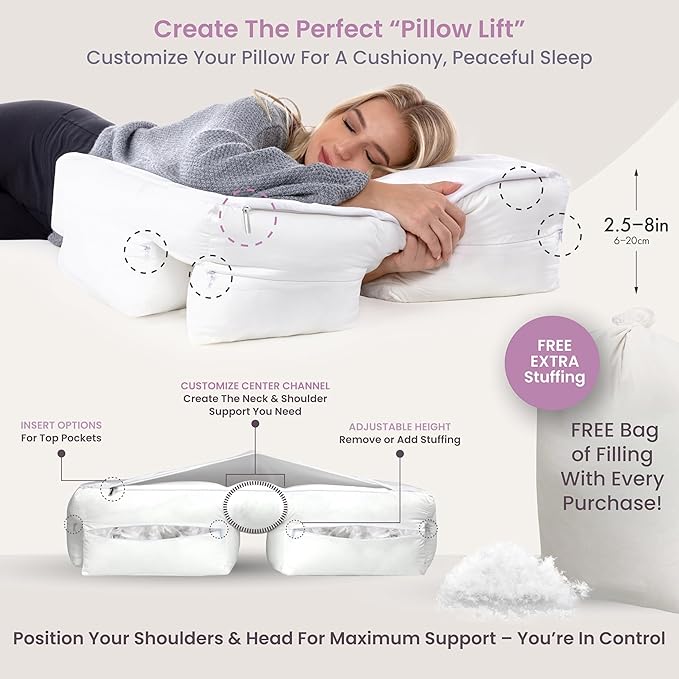 Ultra Soft Support. Shoulder & Neck for Pain Relief. Side, Back, Stomach Sleepers Arm Hole Slots for Many Sleeping Positions. Hotel Style Goose Down Feather & Siliconized Fiber Blend