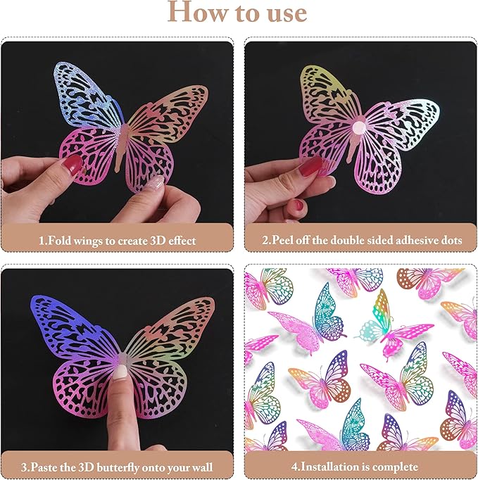 SAOROPEB 3D Butterfly Wall Decor, 48 Pcs 4 Styles 3 Sizes, Removable Metallic Wall Sticker for Kids Bedroom Nursery Classroom Party Decoration Wedding Decor DIY Gift (Laser Pinkpurple)