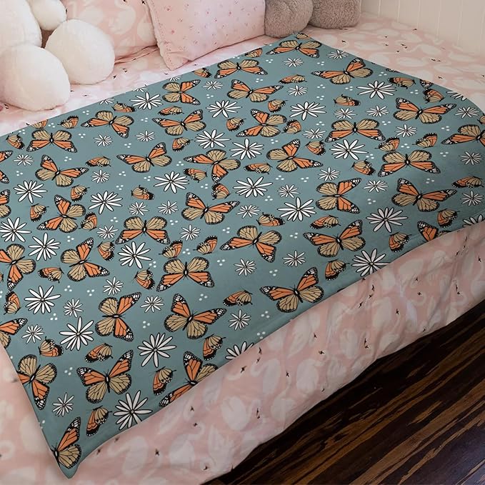 Butterfly Daisy Flower Baby Blanket for Girls Gift, Blue Yellow Floral Flannel Fleece Nursery Bed Receiving Blankets, Soft Warm Lightweight Newborn Infant Toddler Kids Crib Bedding 50 x 60