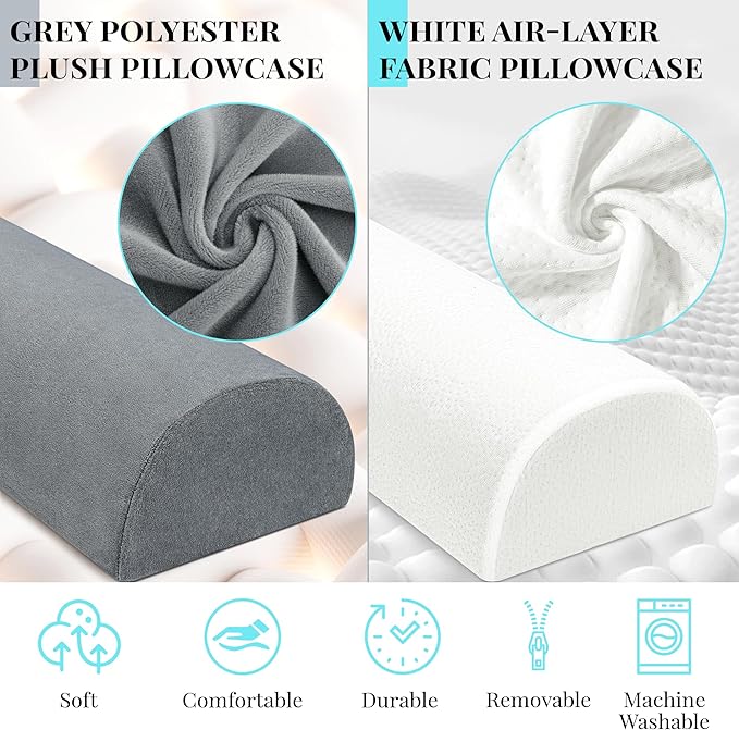 Knee Pillow for Side Sleepers Memory Foam Leg Pillows for Sleeping Yoga Bed Half Moon Bolster Pillow for Neck Pain Relief with 2 Pillowcases 20.5 x 8 x 4.5 Inches(White+Grey, Standard Size)
