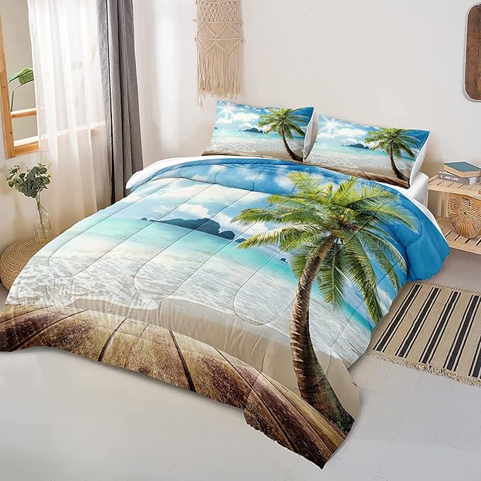 Bedbay Beach Comforter Set California King Ocean Themed Bedding Comforter Tropical Palm Tree Sunny Beach Coastal Bedding Set 4 Pieces for All Season(104" Wx96 L)