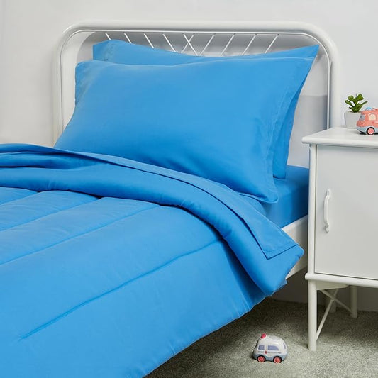 Amazon Basics 5 Piece Microfiber Kid's Bed-in-a-Bag Bedding Set, Toddler, Blue, Solid