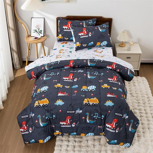 Meeting Story Construction Truck Car Full Comforter Set for Boys,5 Pieces Dinosaur Bedding Set with Sheets and Pillowcases，Excavator Lightweight Microfiber Bedding Sets（Grey，Full5pcs）