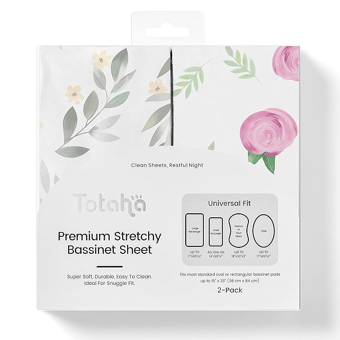 TotAha Premium Stretchy Bassinet Cradle Sheets (2-Pack) -Hypoallergenic, Silky Comfort, Buttery Soft, Calming Effect, All-Season Jersey-Knit Sheets,32 X 16 X 3''(Pink Buds & Green Leaves)