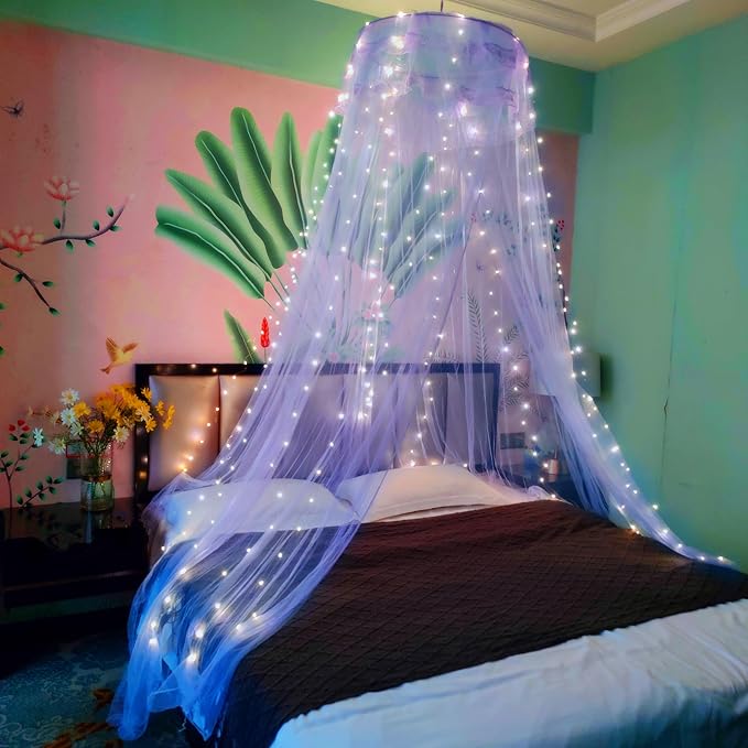 Eimilaly Lace Bed Canopy Mosquito Netting, Princess Bed Canopy for Girls Room Decor, Blue/Single Door