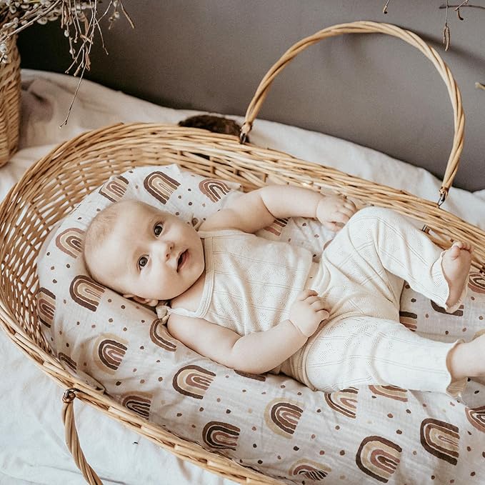 Muslin Bassinet Sheets 2 Pack for Baby Boy and Girl, Breathable Elastic Cozy Fitted Cotton Bassinet Mattress Sheet, Universal Fit for Hourglass Oval and Rectangle Bassinet Mattress (Cute Rainbow)