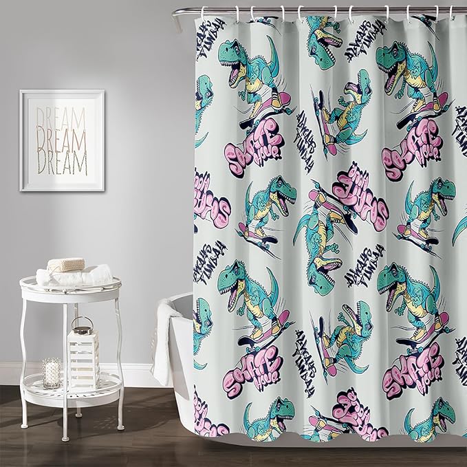 AILONEN Cute Dinosaur Kids Shower Curtain,Sport Cool Dinosaur Bath Curtain Gifts for Boys Teens,Skate Dinosaur Polyester Waterproof for Bathroom with 12 Plastic Hooks 36" W*72" H