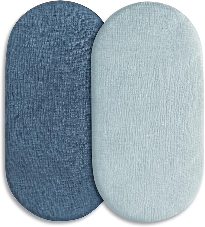 Muslin Bassinet Fitted Sheets, 2 Pack for Baby Boy and Girl, Soft Breathable Baby Pad/Mattress Sheet, Fit for Hourglass Oval and Rectangle Bassinet Mattress (Bright Colors, Bassinet Sheets 2 Pack)