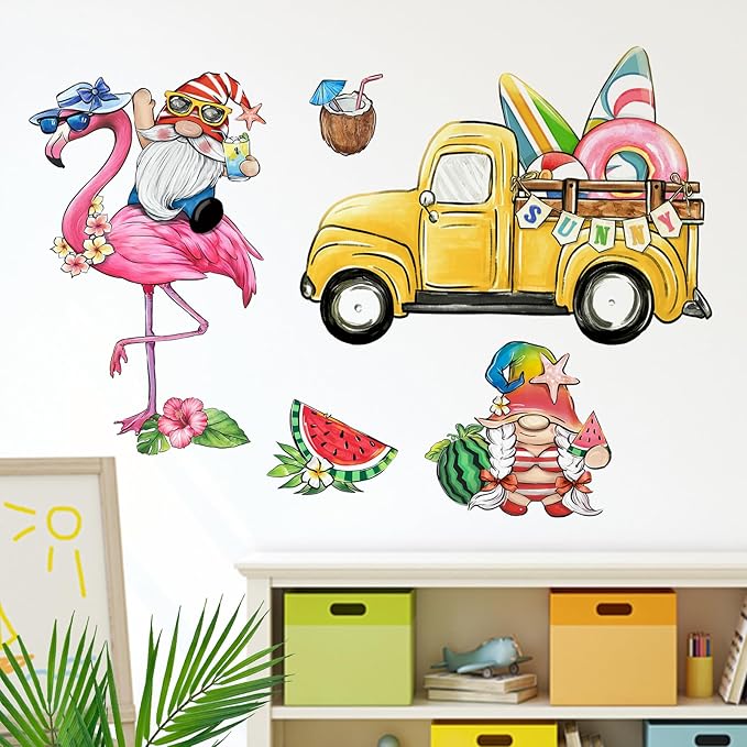 Mfault Summer Gnome Wall Decals Stickers, Sunny Flamingo Yellow Truck Farmhouse Decorations Bedroom Art, Tropical Watermelon Coconut Seasonal Home Kitchen Hawaii Holiday Decor