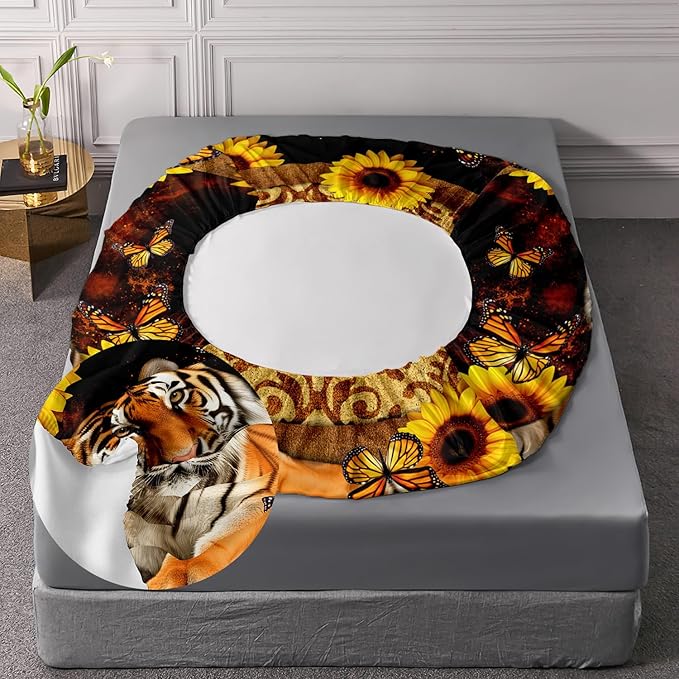 AILONEN Tiger Fitted Sheet Set Queen Size, Vintage Retro Boho Bed Sheet Set Sunflower Butterfly Sheet Set,3 Pieces Printed Teen Boys Tiger Fitted Sheet with 2 Pillowcases