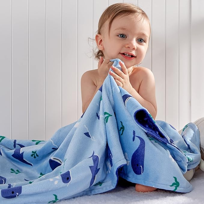 DaysU Silky Micro Soft Plush Baby Blankets for Boys with Print Animal Pattern and Soothing Raised Dots, Double Layer Bed Throws for Baby Crib, Shark Whale, Blue, 30x40 Inches