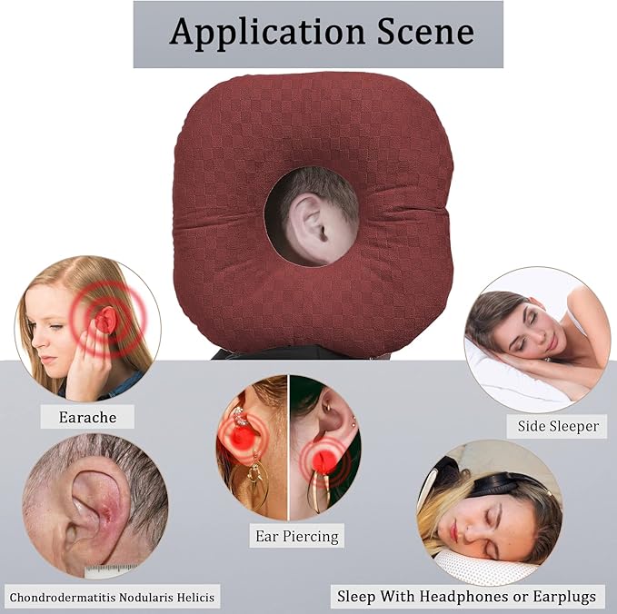 Ear Piercing Pillow for Side Sleepers, Pillow with an Ear Hole for CNH and Ear Pain Ear Inflammation Pressure Sores, O-Shaped Side Sleeping Pillow, Ear Guard Pillow(Dark Red)