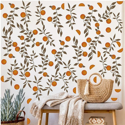 Orange Leaf Wall Stickers Boho Fruit Leaf Wall Stickers Removable Botanical Vintage Fruit Wall Decals Citrus Green Leaves Orange Wall Stickers for Nursery Kids Room Bedroom Kitchen Decor