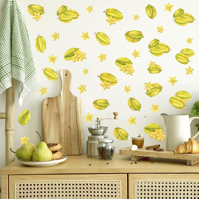 Star Fruit Wall Decals Peel and Stick Summer Fruit Wall Stickers Removable Kitchen Wall Stickers Cabinet Decals Watercolor Fruit Wall Decals for Nursery Bedroom Playroom Decor