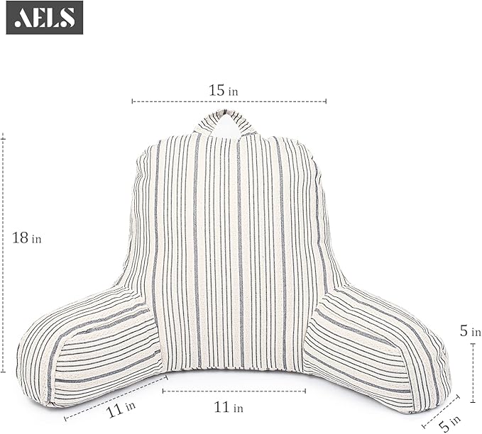AELS Large Reading Pillow Replacement Cover with Arms and Pockets, 18" Beige with Gray Stripes Textured Linen Backrest Pillow Cover Fits Standard Size Pillows (Cover ONLY)