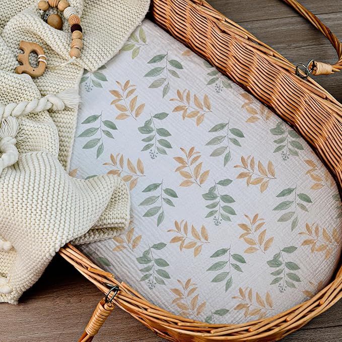 Muslin Bassinet Fitted Sheets, 2 Pack for Baby Boy and Girl, Soft Breathable Baby Pad/Mattress Sheet, Fit for Hourglass Oval and Rectangle Bassinet Mattress (Bright Leaves, Bassinet Sheets 2 Pack)