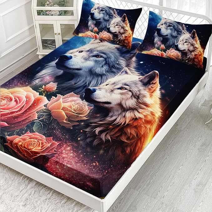 AILONEN Wolf Fitted Sheet Set Full Size, Red Floral Flower and Wolves Animals Bed Sheet Set,3 Pieces Safari Wolf Bed Sheet Set for Boys Girls,1 Fitted Sheet with 2 Pillowcases