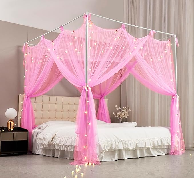 Mengersi Canopy Bed Curtains Bed Canopy with Lights for Girls, Bed Netting Unique Style 4 Door Mosquito Net for Adults Women Bedroom Decor (Pink+Lights, King)