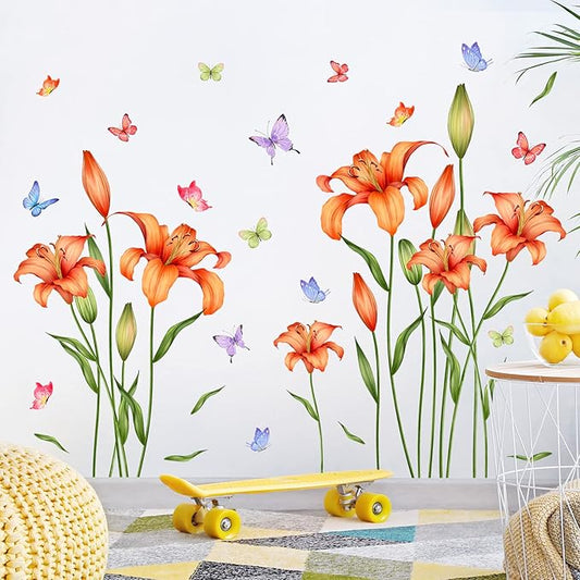 Amaonm Removable DIY Orange Lily Flower wall Sticker Peel and Stick Floral Butterfly Leaf Plant Vine Wall Decals for Kids Girls Boys Bedroom Living Room Nursery Classroom Playroom Office Bathroom Wall Background Decoration