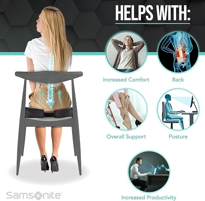 SAMSONITE, Orthopedic Seat Cushion for Office Chair or Car Seat [HIGH GRADE - MEMORY FOAM], Versatile Supportive Pillow with Soft Plush Cover [2.75" THICKNESS], Black…