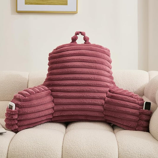 WERDIM Reading Pillow for Sitting in Bed, Faux Fur Back Pillow for Bed Rest, Bed Chair Pillow with Arms and Pockets(Large, Dusty Rose)