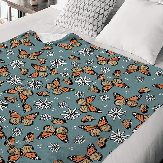 Butterfly Daisy Flower Baby Blanket for Girls Gift, Blue Yellow Floral Flannel Fleece Nursery Bed Receiving Blankets, Soft Warm Lightweight Newborn Infant Toddler Kids Crib Bedding 40 x 50