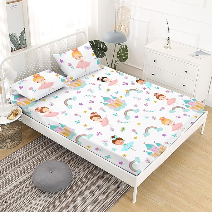 Girls Princess Fitted Sheet Set for Kids Teens Dancing Castle Crown Bed Sheet Queen Size 3D Print Dreaming Style Sheet Set 3 Piece