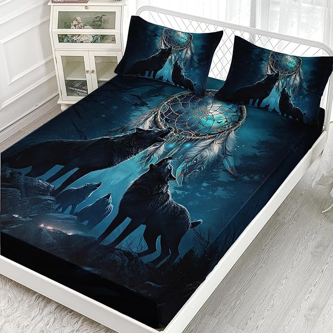 AILONEN Howling Wolf Fitted Sheet Set Twin XL Size, 3 Pieces Teen Boys Bedding Set Safari Animal Themed Sheet Set,Dreamcatcher Bed Sheet Set Evening Forest Wolf Fitted Sheet with 2 Pillowcases