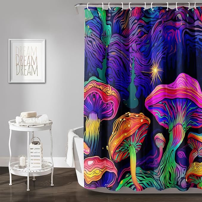AILONEN Magic Mushroom Shower Curtain for Kids Boys Girls,Mushrooms and Starry Night Waterproof Fabric Shower Curtain for Bathroom,Dreamy Natural Plants Shower Curtain Set with Hooks,48" W*72" H