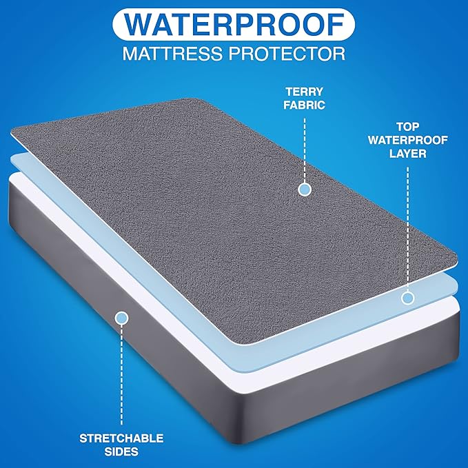 Utopia Bedding Waterproof Mattress Protector Twin Size, Premium Terry Mattress Cover 200 GSM, Breathable, Fitted Style with Stretchable Pockets (Gray)