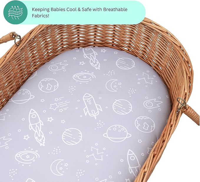 Bassinet Sheets for Dream On Me Karley, Plus, Lacy, Small Regalo Basics, Baby Delight Slumber, Snuggle Nest, Graco Carry Cot, 3 Pack, 16 x 32, Ultra Soft, Unisex Boys Girls, Gray (Space Rockets)