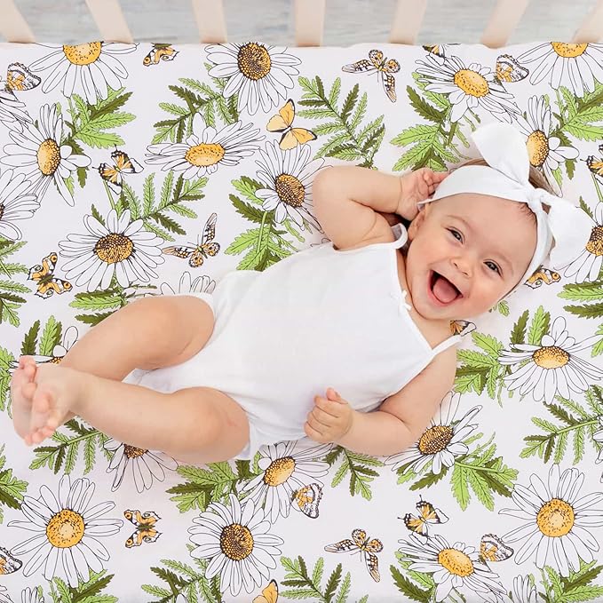 JISEN Baby Crib Sheet 1 Piece Portable Fitted Crib Sheet for Standard Crib and Toddler Mattresses Nursery Bed Decor for Boys Girls 28x52 Inch Daisy Butterfly