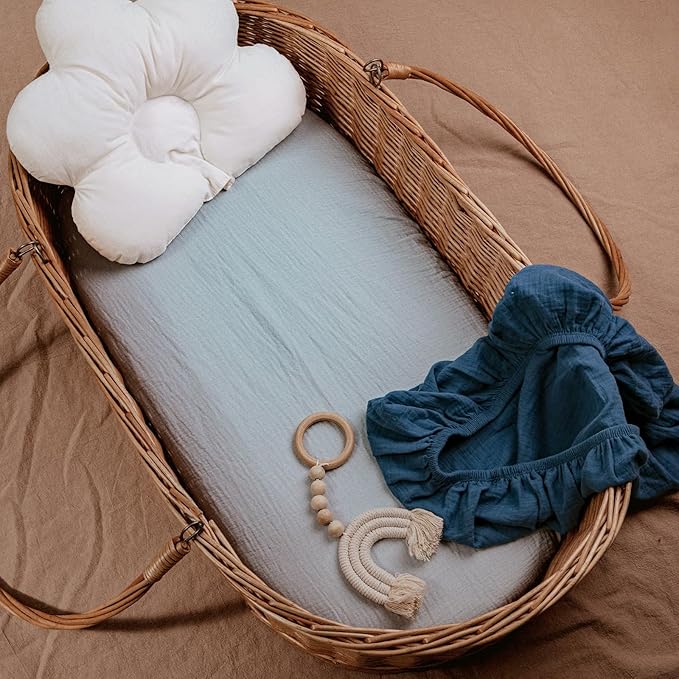 Muslin Bassinet Fitted Sheets, 2 Pack for Baby Boy and Girl, Soft Breathable Baby Pad/Mattress Sheet, Fit for Hourglass Oval and Rectangle Bassinet Mattress (Bright Colors, Bassinet Sheets 2 Pack)