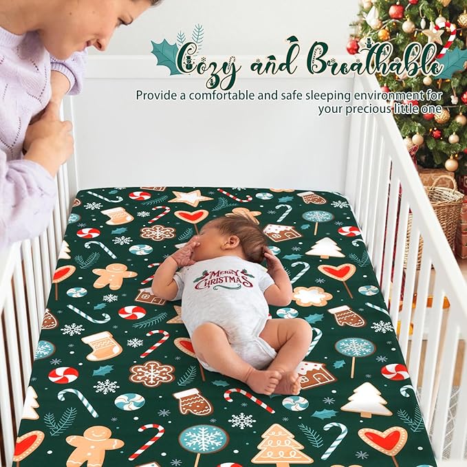 JISEN Christmas Crib Sheet Gingerbread Fitted Crib Sheet for Boys Girls Crib Mattress Cover Baby Sheet for Standard Crib and Toddler Mattress Soft Breathable Baby Bed Sheet for Neutral 52x28 Inch