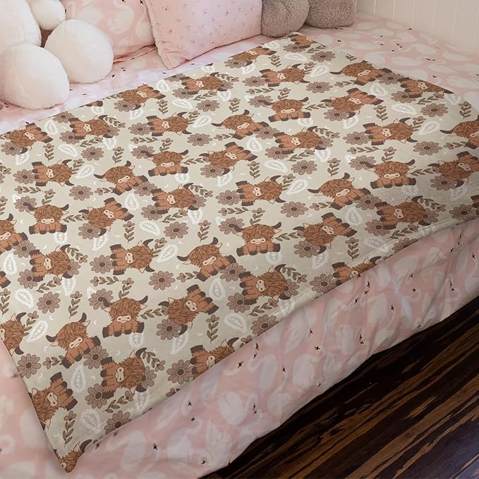 Boho Highland Cow Paisley Floral Baby Blanket Girls Gift, Beige Western Cowgirl Flower Flannel Fleece Nursery Bed Blankets, Soft Lightweight Newborn Infant Toddler Kids Crib Bedding 40 x 50
