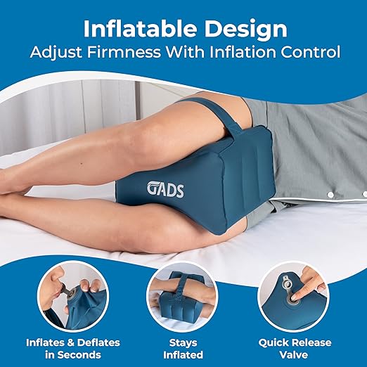 Inflatable Knee Pillow for Side Sleepers - Travel Knee Pillow - Leg Pillow for Side Sleeping - Hip, Back and Sciatica Pain Relief Pillow - Lightweight & Portable for Travel - Blue