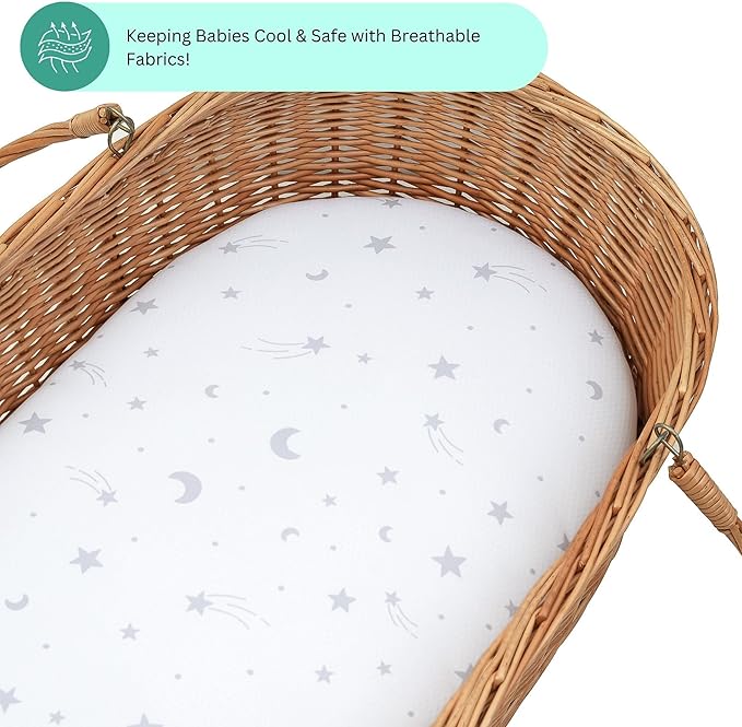 Bassinet Sheets for Dream On Me Karley, Plus, Lacy, Small Regalo Basics, Baby Delight Slumber, Snuggle Nest, Graco Carry Cot, 3 Pack, 16 x 32, Ultra Soft, Unisex Boys Girls, Gray (Moon, Stars, Clouds)