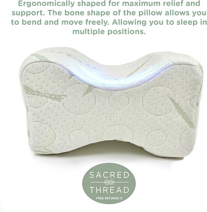 Sacred Thread Memory Foam Knee Pillow for Side Sleepers, for Knee, Hip, and Back Pain, Cooling Rayon Made from Bamboo Cover, Pillow for Between Legs (White Bone)