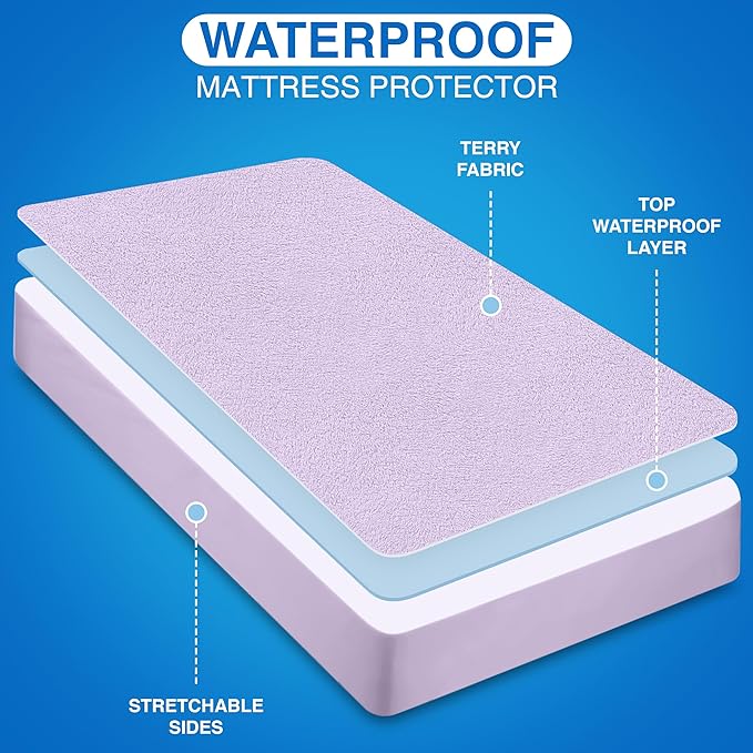 Utopia Bedding Waterproof Mattress Protector Twin Size, Premium Terry Mattress Cover 200 GSM, Breathable, Fitted Style with Stretchable Pockets (Lavender)
