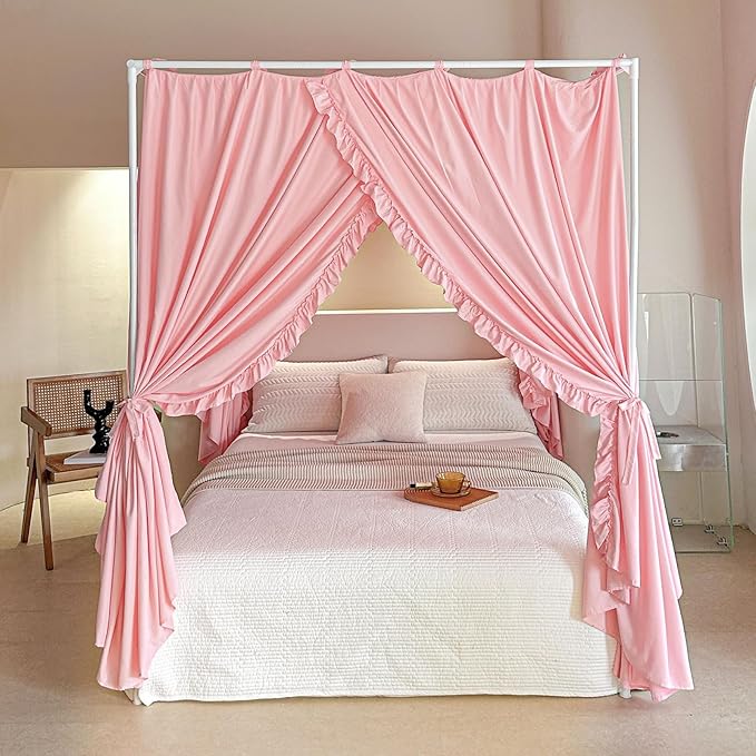 AIKASY Princess Canopy Bed Curtains with Top Ties - Windproof & Lightproof for Girls' Adult Bedroom Decor | Bed Canopy Drapes (Queen,Pink)