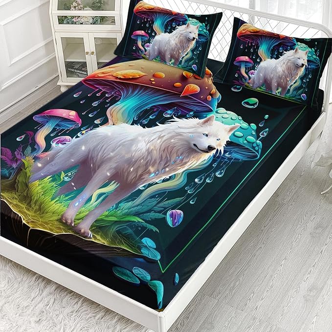 AILONEN White Wolf Fitted Sheet Set Queen Size, Cartoon Mushroom and Cute Wolf Bed Sheet Set,3 Pieces Rain Mushroom Fitted Sheet with 2 Pillowcases for Boys Girls