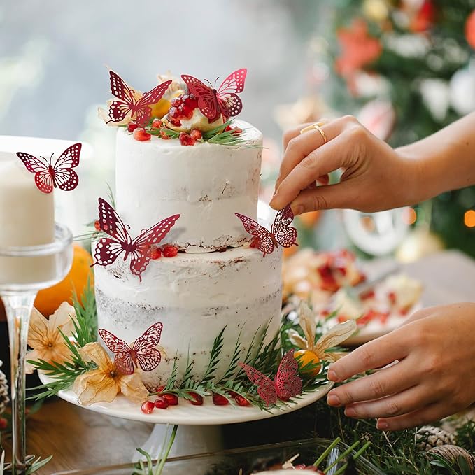 SAOROPEB 3D Butterfly Wall Decor 48 Pcs 4 Styles 3 Sizes, Butterfly Decorations for Butterfly Birthday Decorations Butterfly Party Decorations Cake Decorations, Removable Stickers (Blood Red)