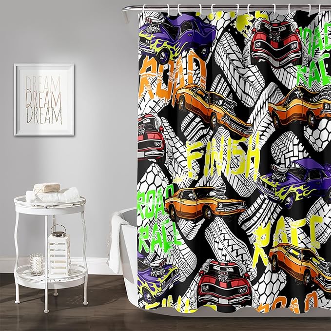 AILONEN Racing Car Shower Curtain for Bathroom Decor,Cool Racer Bath Curtain for Kids Boys Teens,Graffiti Printed Curtain Waterproof with 12 Plastic Hooks, 72" W x 84" H