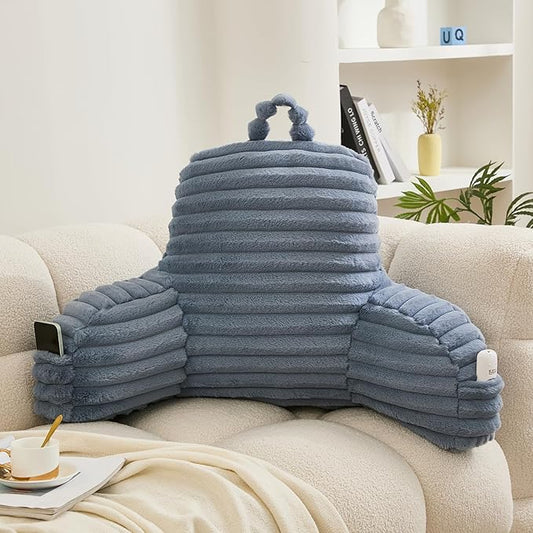 WERDIM Reading Pillow for Sitting in Bed, Faux Fur Back Pillow for Bed Rest, Bed Chair Pillow with Arms and Pockets(Standard, Dusty Blue)