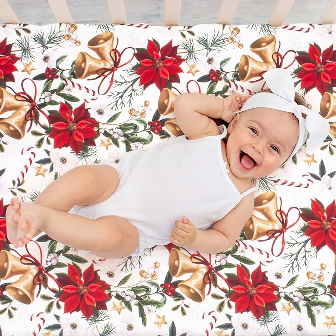 JISEN Baby Crib Sheet 1 Piece Portable Fitted Crib Sheet for Standard Crib and Toddler Mattresses Nursery Bed Decor for Boys Girls 28x52 Inch Christmas Flower