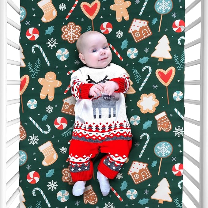 JISEN Christmas Crib Sheet Gingerbread Fitted Crib Sheet for Boys Girls Crib Mattress Cover Baby Sheet for Standard Crib and Toddler Mattress Soft Breathable Baby Bed Sheet for Neutral 52x28 Inch