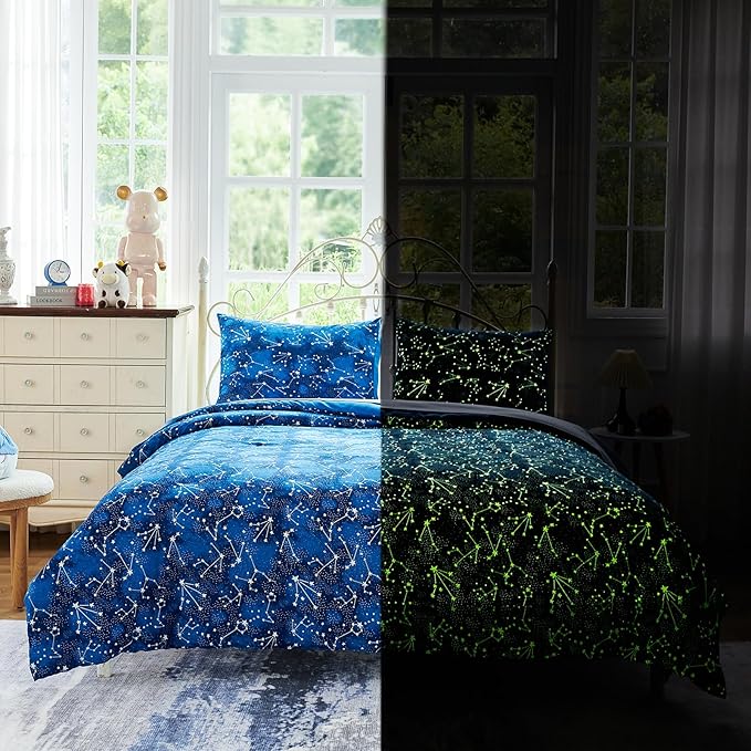 Twin Comforter Sets for Boys Girls by Coukouchyi, Glow in The Dark Kids Bedding Sets, 4 Pcs Twin Bed in a Bag with Comforter, Sheets, Pillow Sham, Galaxy